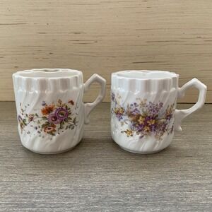 Pair of Vintage Porcelain Mustache Cup Mug with White Floral Design - Set of 2